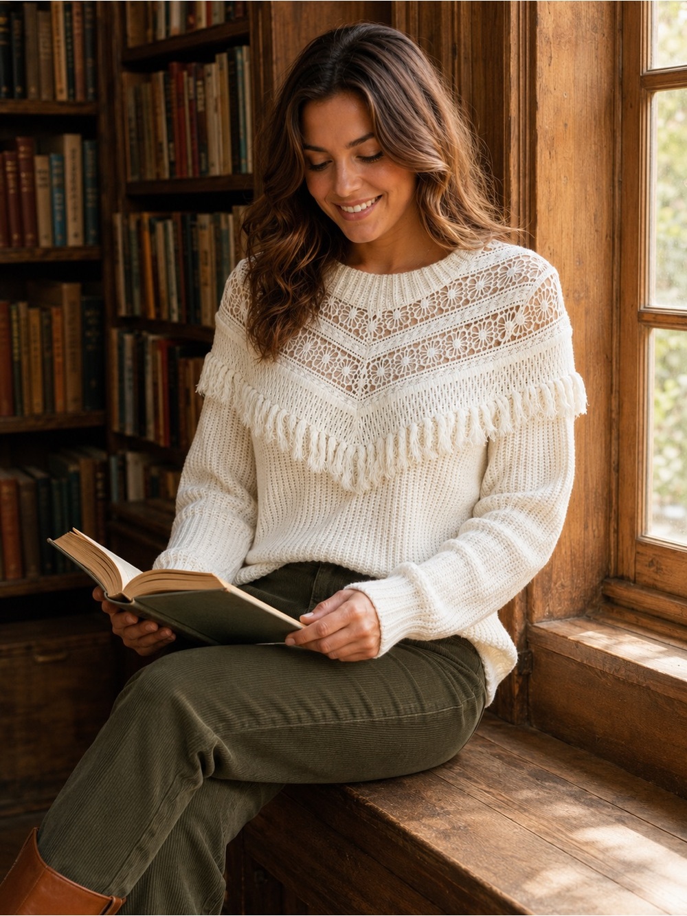 Saylor Ivory Fringe Floral Lace Yoke Knit Sweater Boho Cottagecore Romantic M